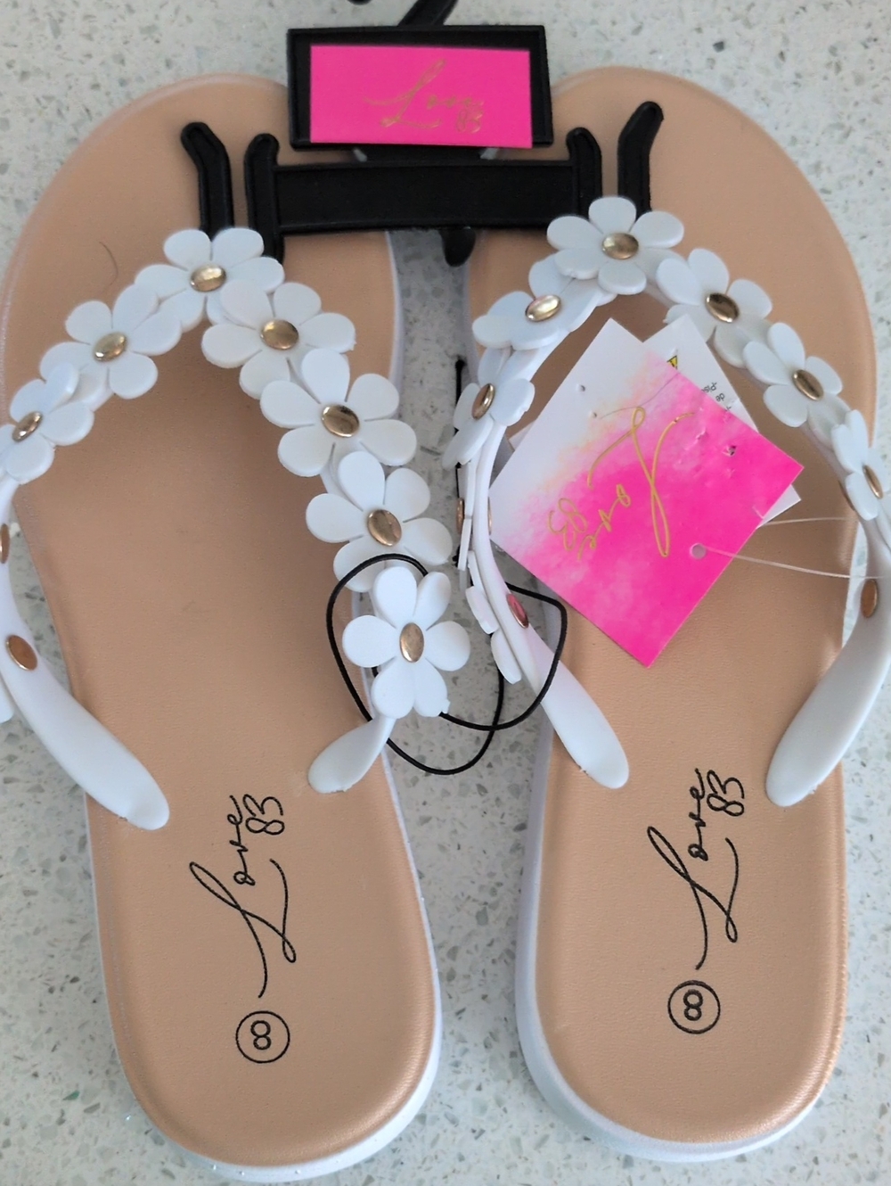 Love White Floral Sandals with Gold Accents New With Tags Size 8